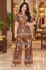 Women’s Printed Pure Viscose Rayon Co-Ord Set | Top & Palazzo Set -Musturd