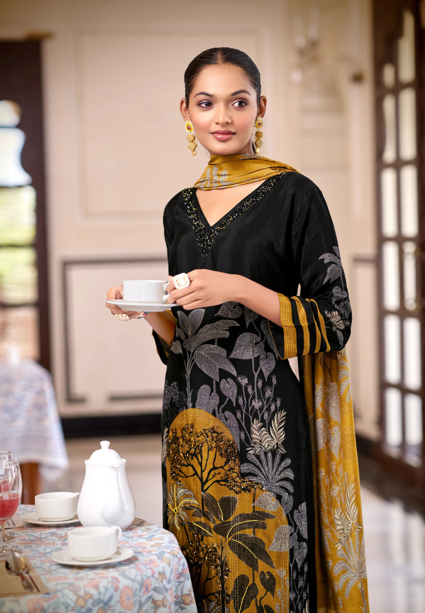 Premium Black & Mustard Pure Viscose Salwar Suit - Digital Forest Print 3-Piece Set