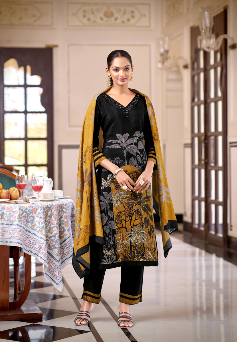 Premium Black & Mustard Pure Viscose Salwar Suit - Digital Forest Print 3-Piece Set