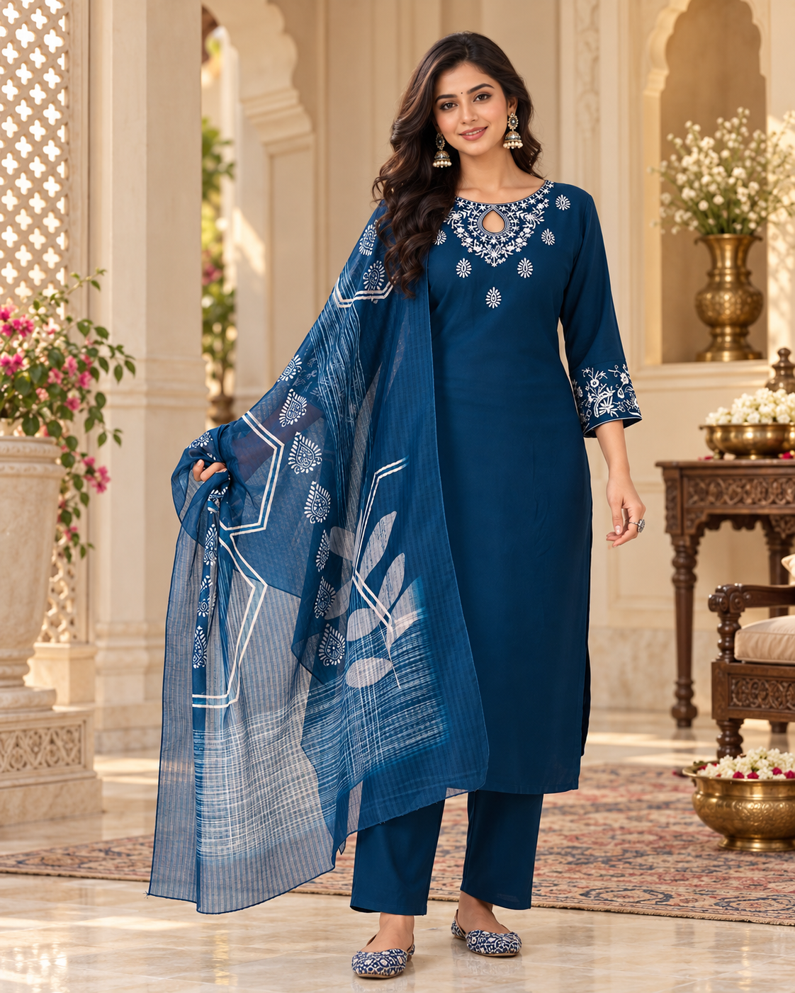 Women's Embroidered Kurta Pant Set with Striped Dupatta - Teal