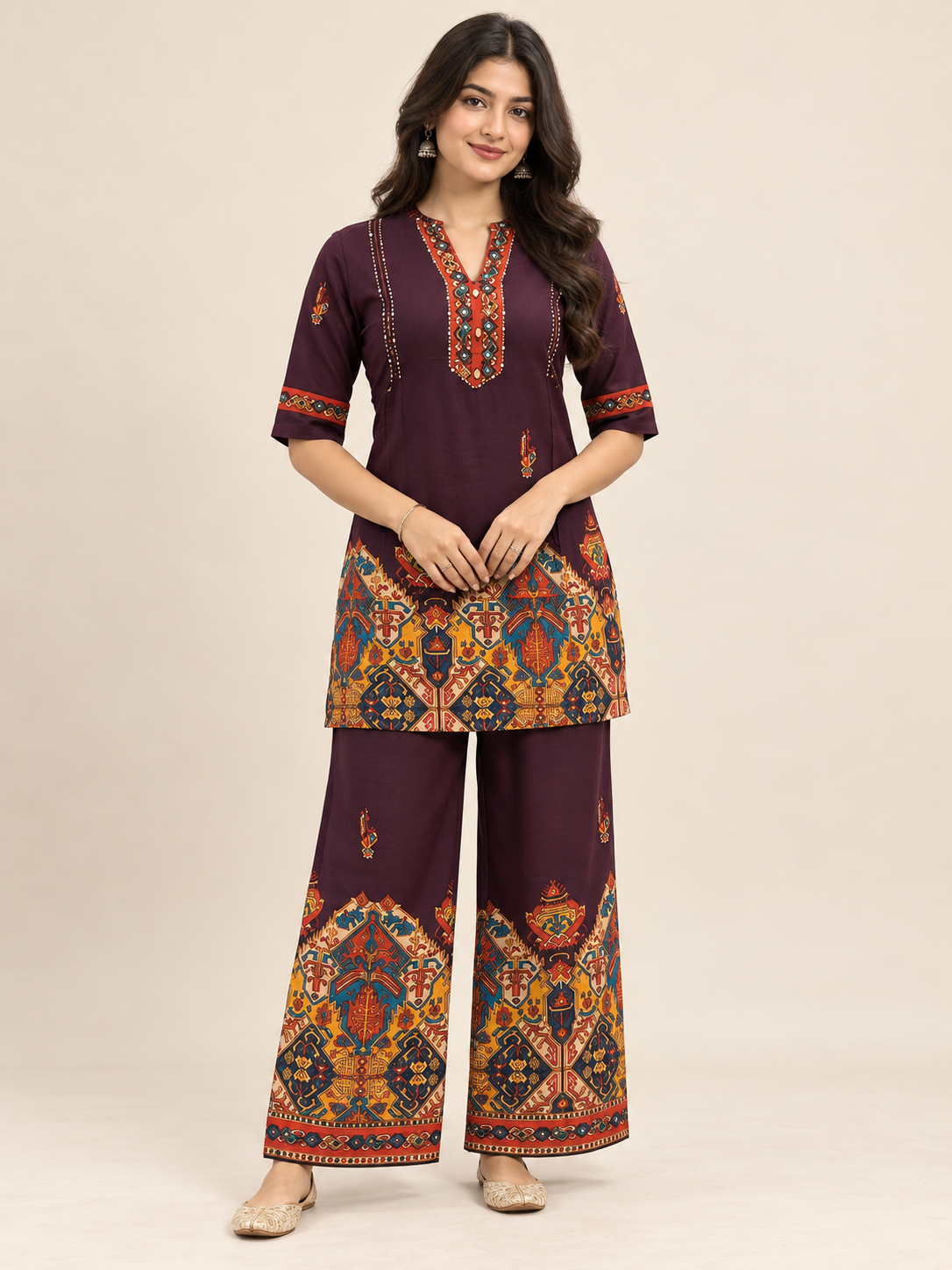 Printed Asymmetric Purple Rayon Co-Ord Set
