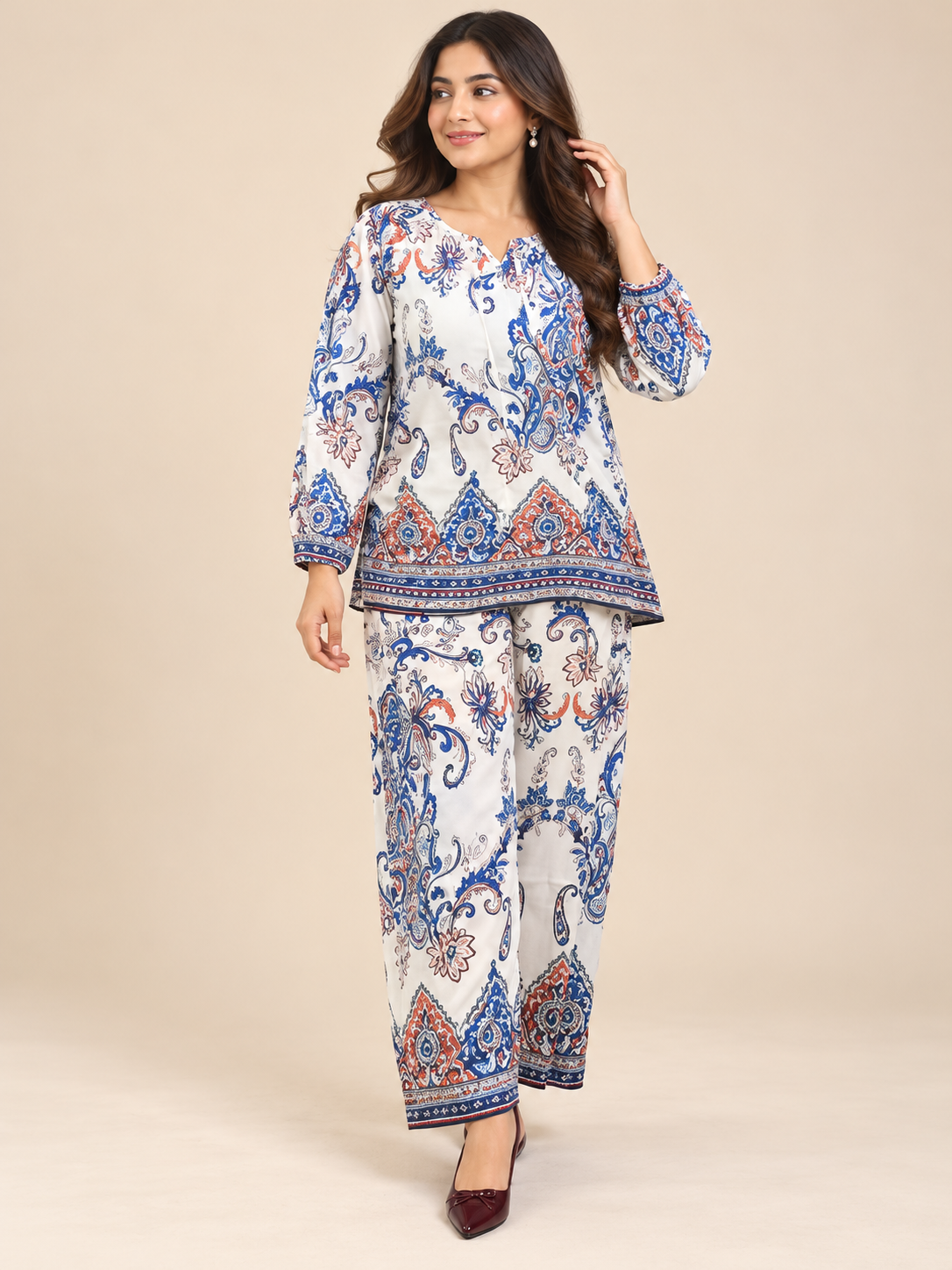 Women's Boho Print Pure Viscose Co-ord Set Blue | Fast Shipping