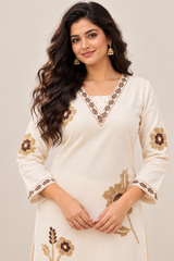 Elegant Off-white Pure Rayon cotton Floral Kurta Set with Matching Palazzo | V-Neck Ethnic Wear for Women