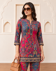 Printed Asymmetric Red And Blue Rayon Co-Ord Set