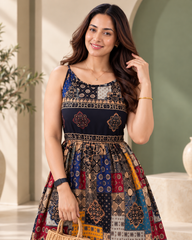 Pure Viscose Boho Print Maxi Dress for Women | Sleeveless Flared  Dress Black