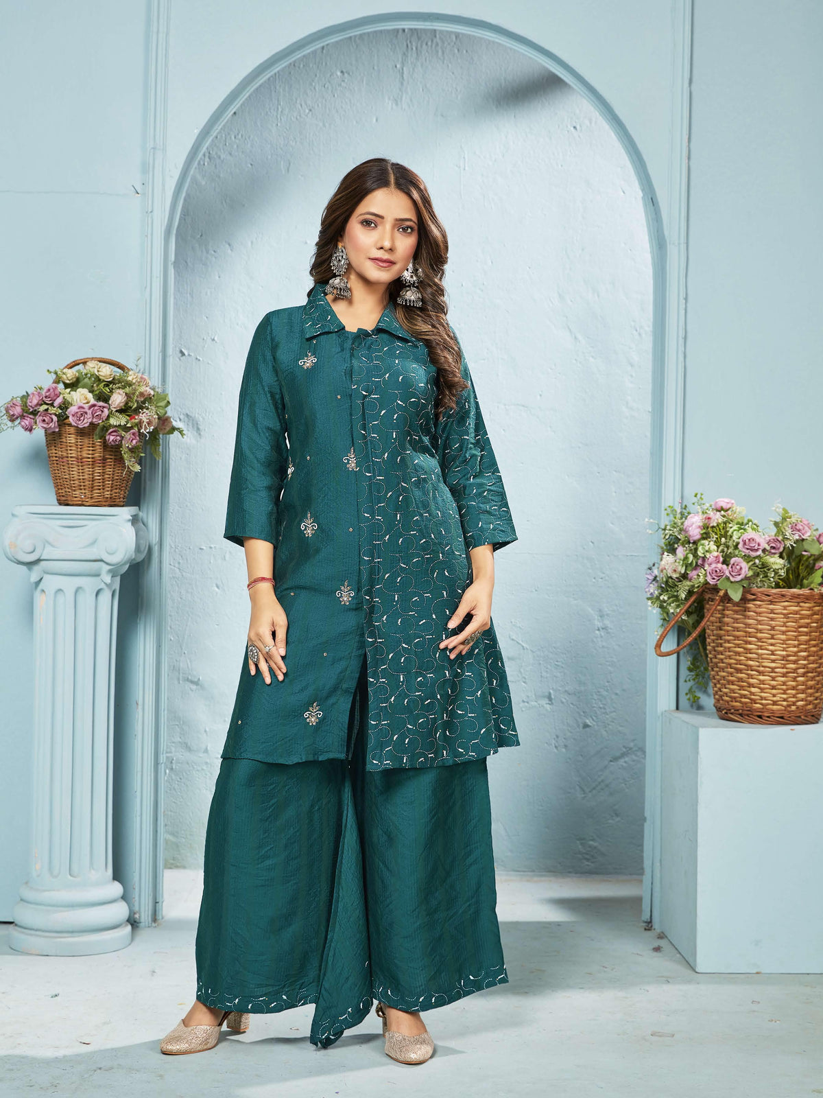 Meera Teal Embroidered Chanderi Suit Set