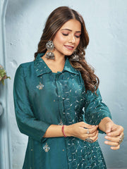 Meera Teal Embroidered Chanderi Suit Set