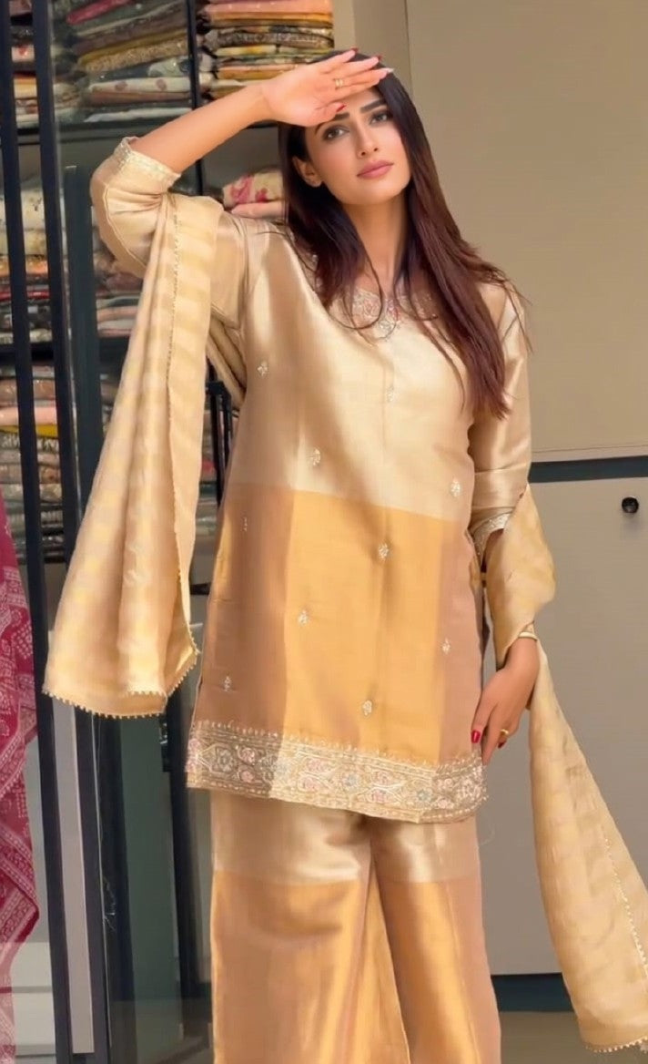 Women's Festive Golden Shimmer 3-Piece Suit Set | Party Wear Ethnic Co-ord