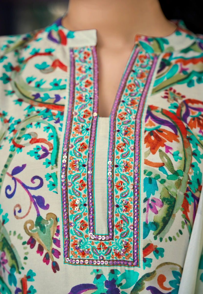 Mango Leaf Designer White Salwar Kameez - Floral Digital Print with Dupatta