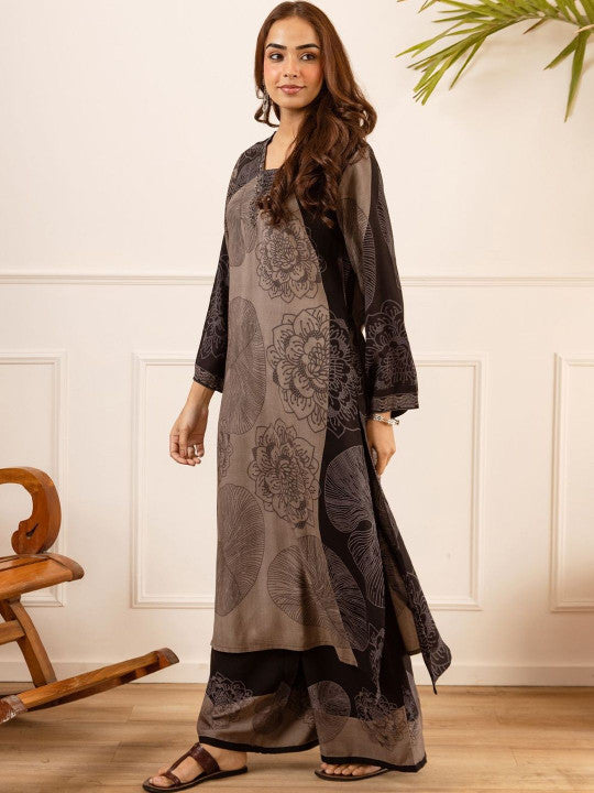 Elegant Black & Grey Floral Print Ethnic Kurti Set – Premium Comfort Wear