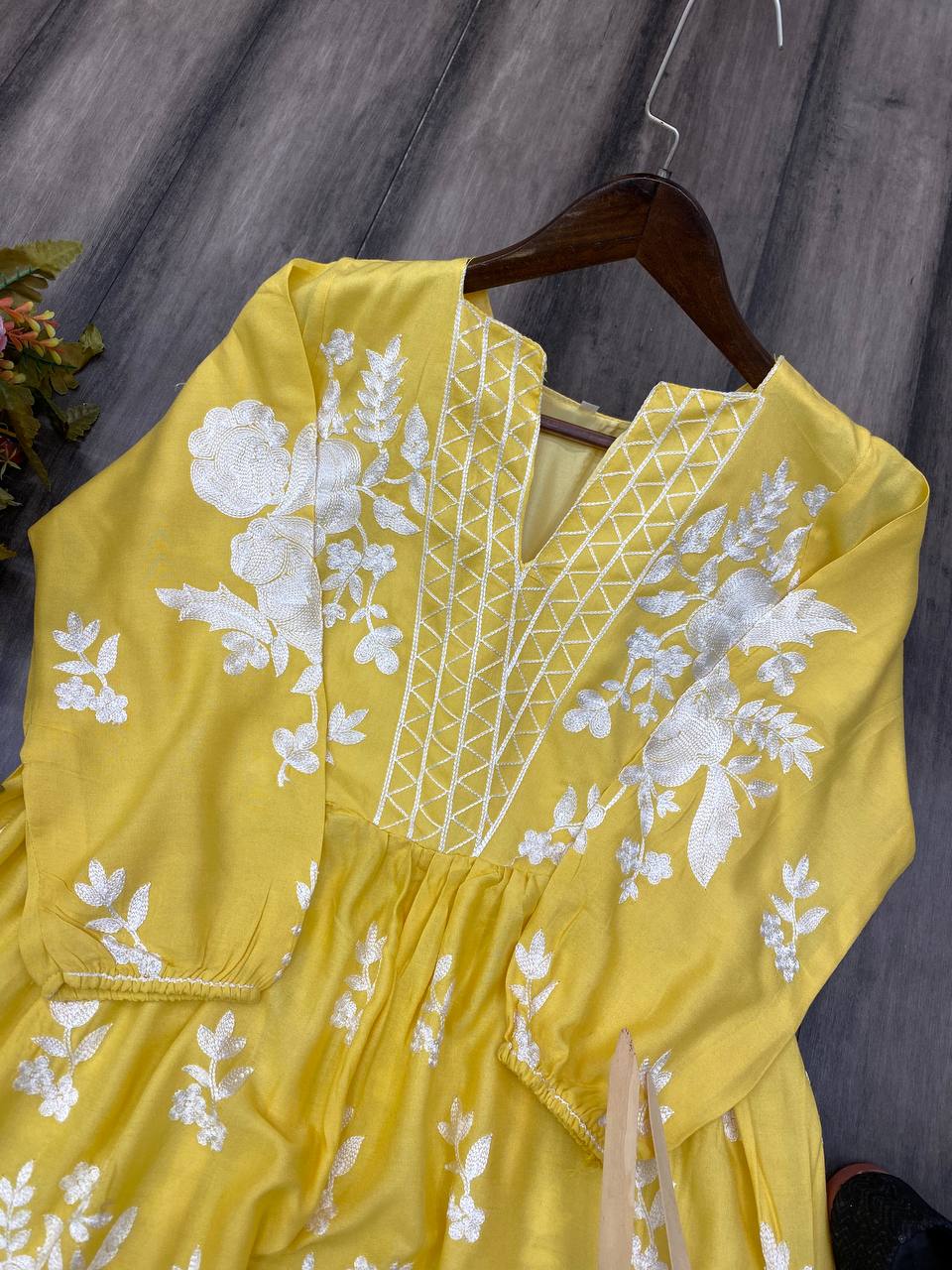 Yellow Designer Full Flair Top With plazzo