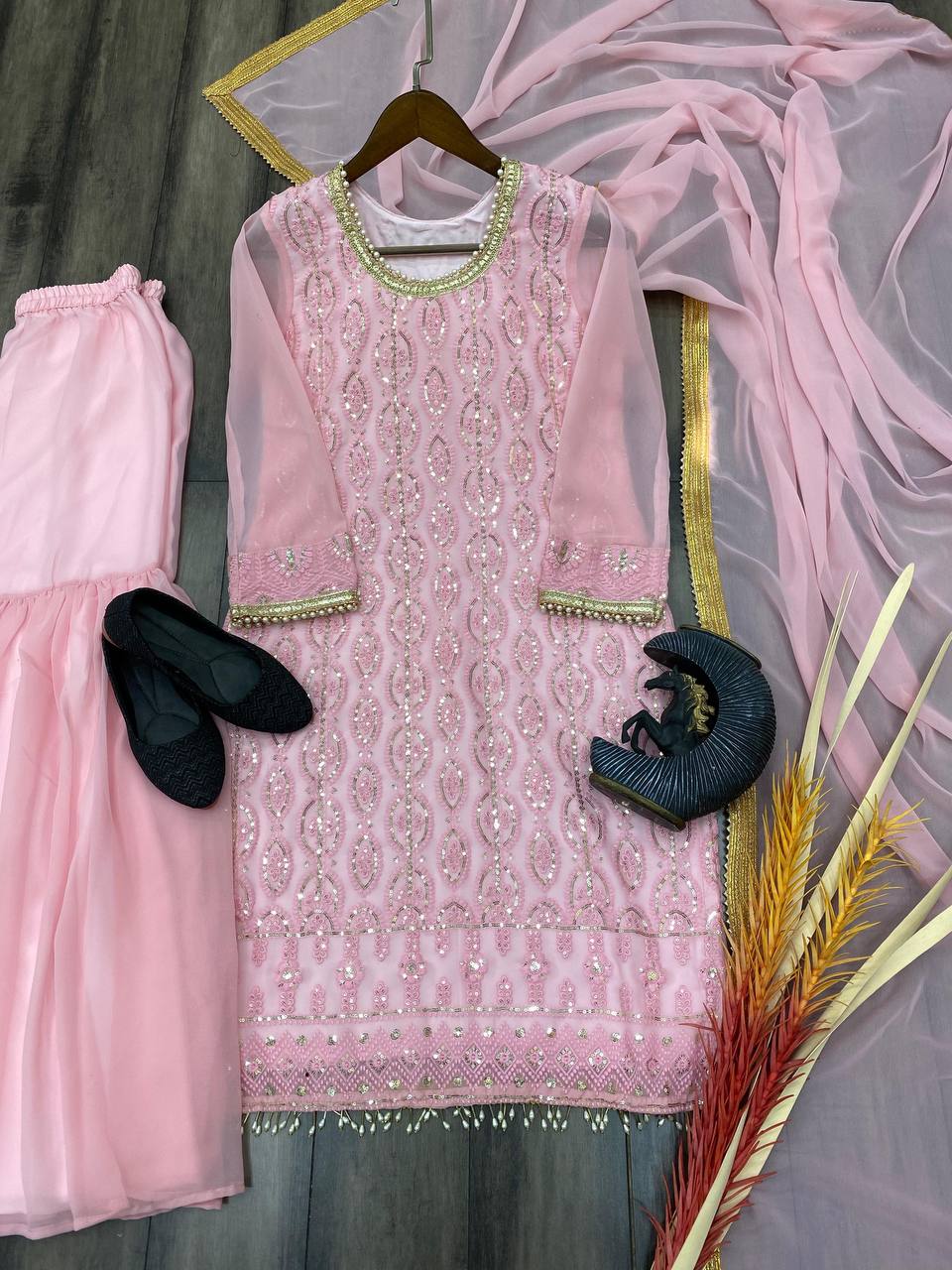 Peach Designer Suit With Heavy Sharara Set