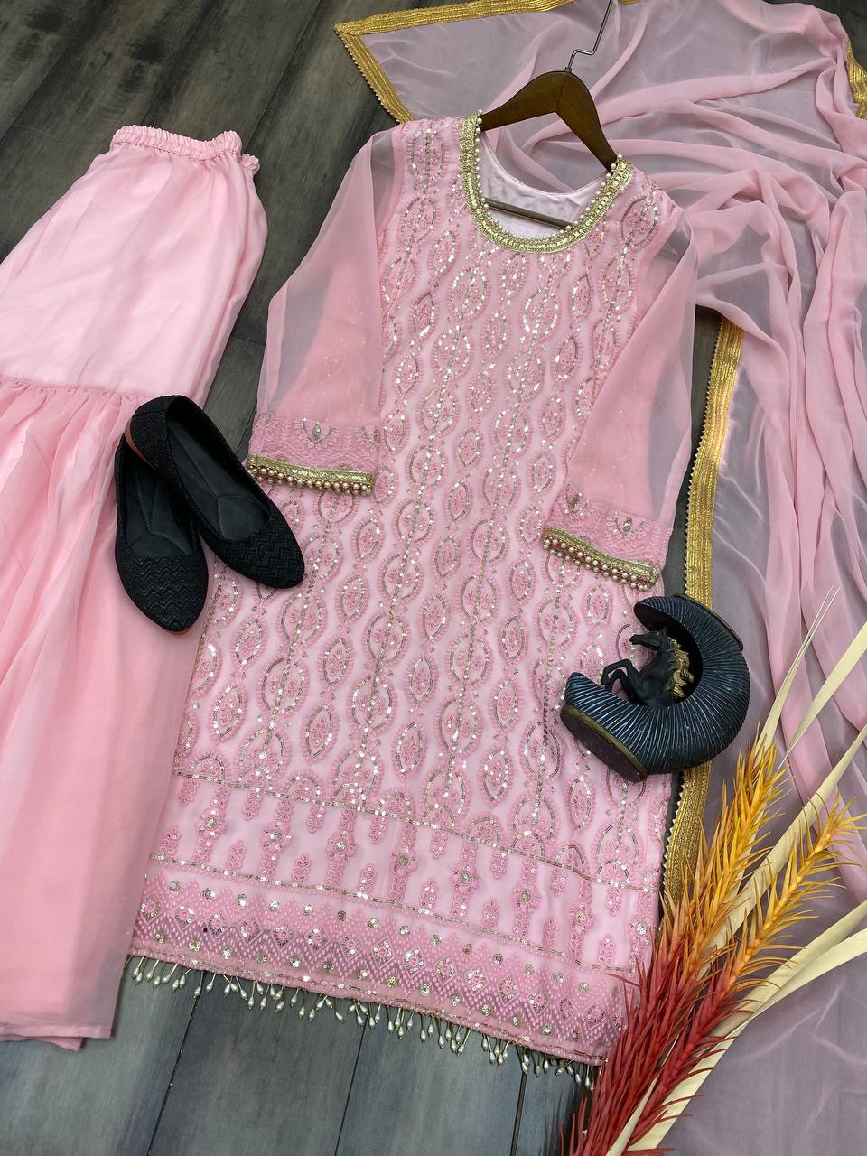 Peach Designer Suit With Heavy Sharara Set