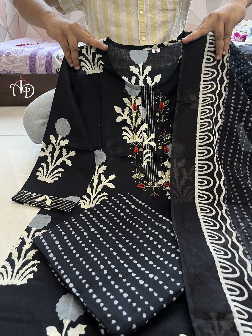 Black Pure Cotton A-line Kurta Set Cotton Pants, and Pure Mul Cotton Dupatta