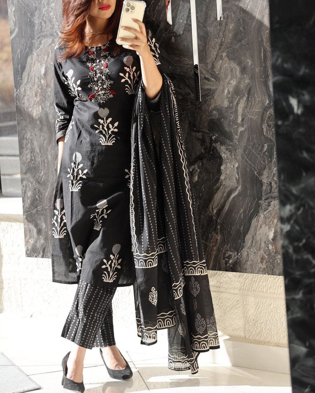 Black Pure Cotton A-line Kurta Set Cotton Pants, and Pure Mul Cotton Dupatta