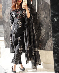 Black Pure Cotton A-line Kurta Set Cotton Pants, and Pure Mul Cotton Dupatta