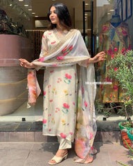 Heavy Organza Suit Set with Matching Pants and Embroidered Dupatta