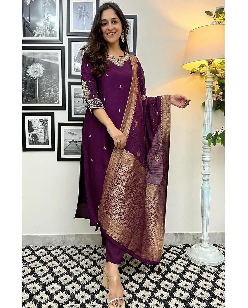 Purple Luxurious Fully Stitched Chanderi Silk Suit Set