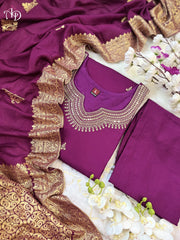 Purple Luxurious Fully Stitched Chanderi Silk Suit Set