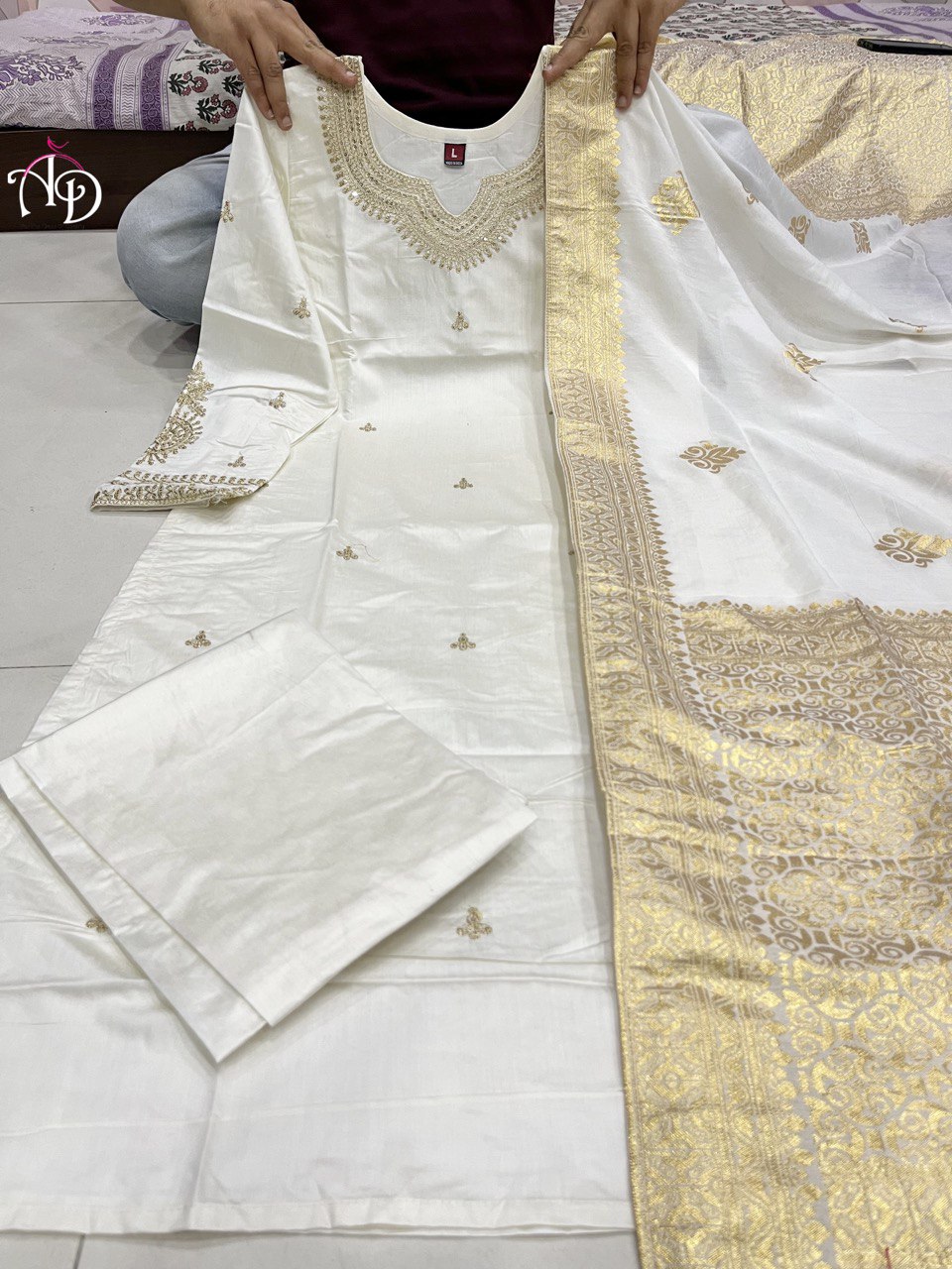 Off White Luxurious Fully Stitched Chanderi Silk Suit Set