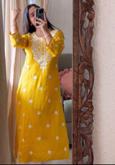 Dark Yellow Rayon Cotton Chikankari Kurta With Pant