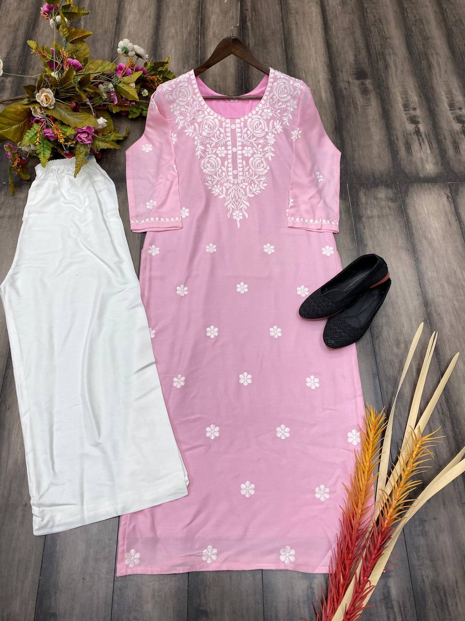 Light Pink Designer Trending Chikankuri Kurti With Plazzo