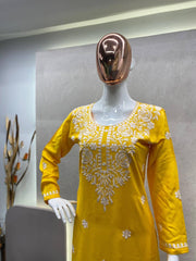 Dark Yellow Rayon Cotton Chikankari Kurta With Pant