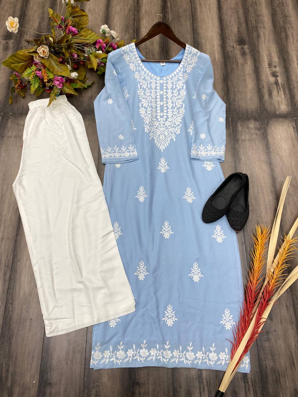 Powder Blue Rayon Cotton Chikankari Kurta With Pant