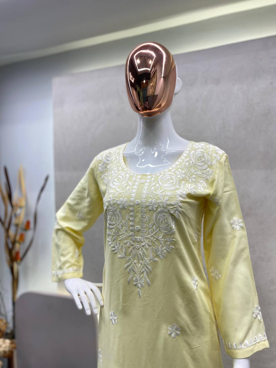 Light Yellow Designer Trending Chikankuri Kurti With Plazzo