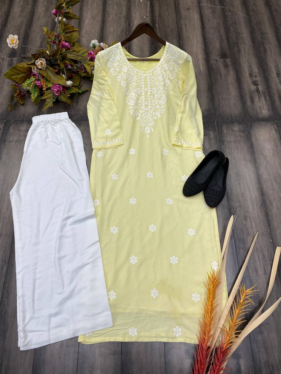 Light Yellow Designer Trending Chikankuri Kurti With Plazzo