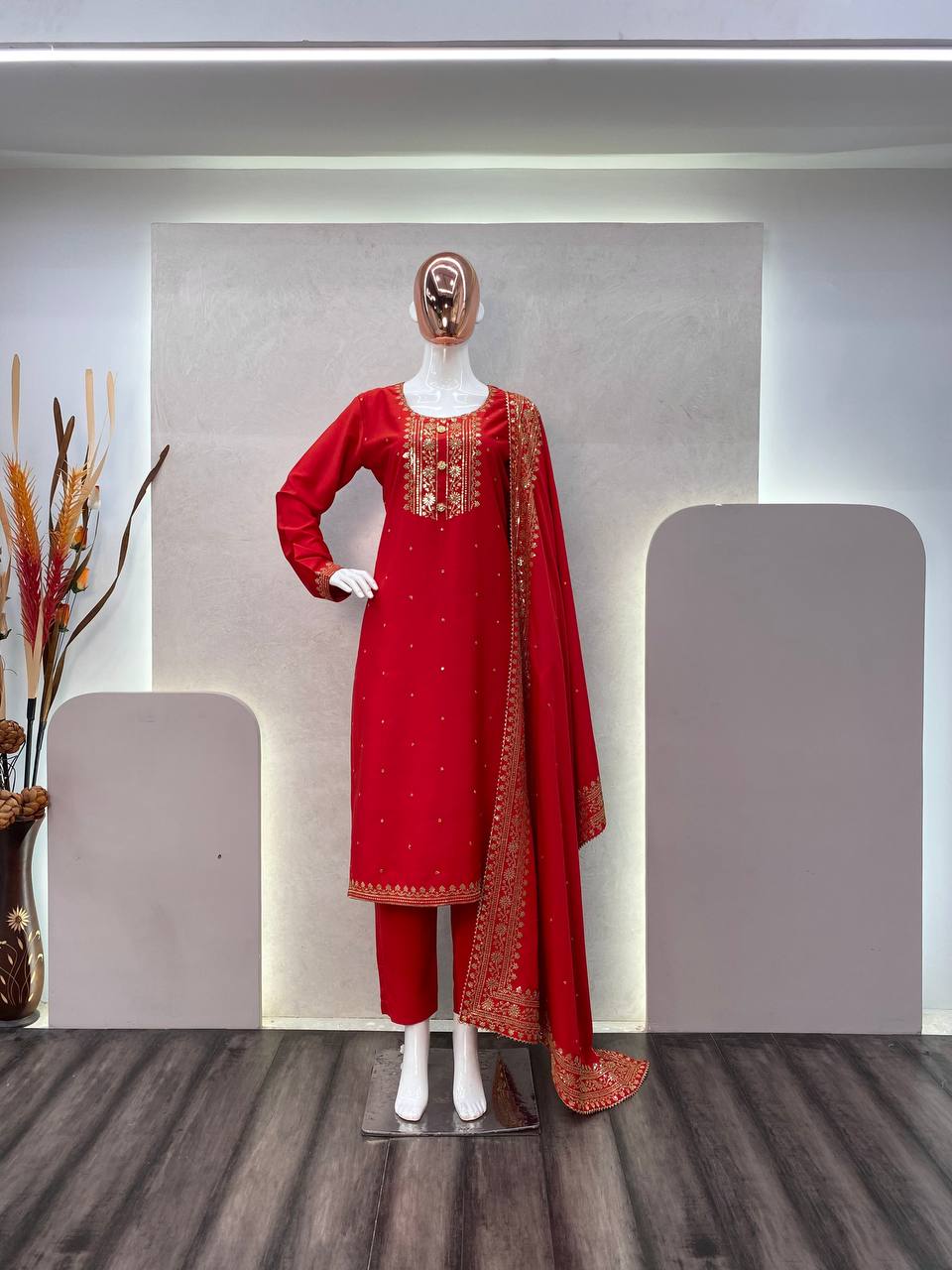 Red Designer Suit With plazzo And Dupatta Set