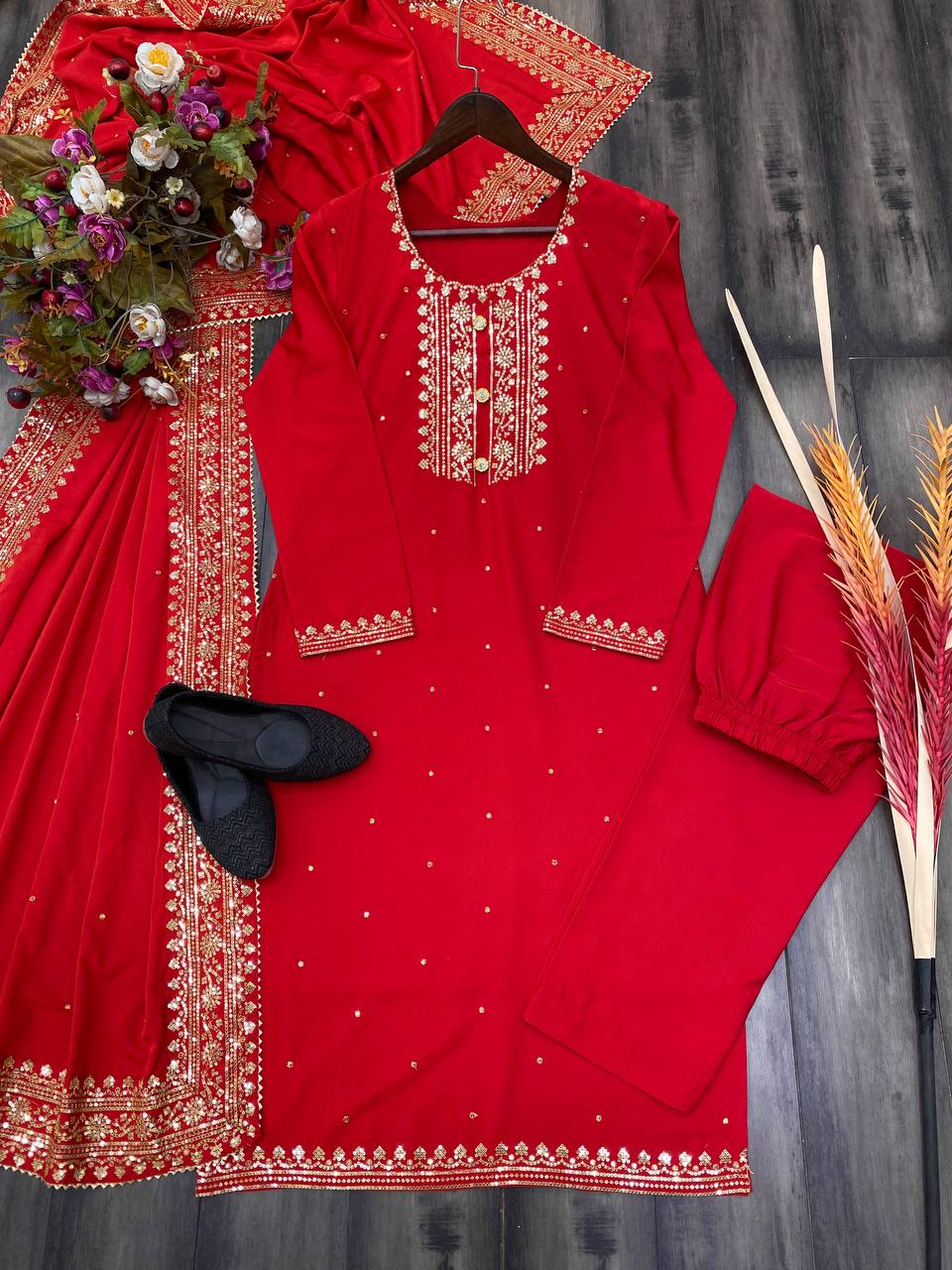 Red Designer Suit With plazzo And Dupatta Set