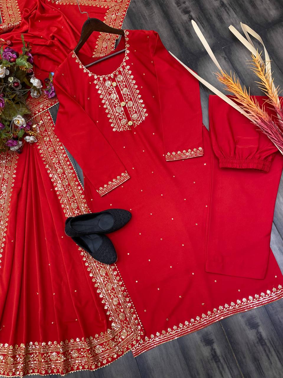 Red Designer Suit With plazzo And Dupatta Set