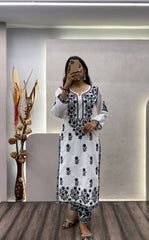 White Designer Trending Chikankuri Kurti With pant