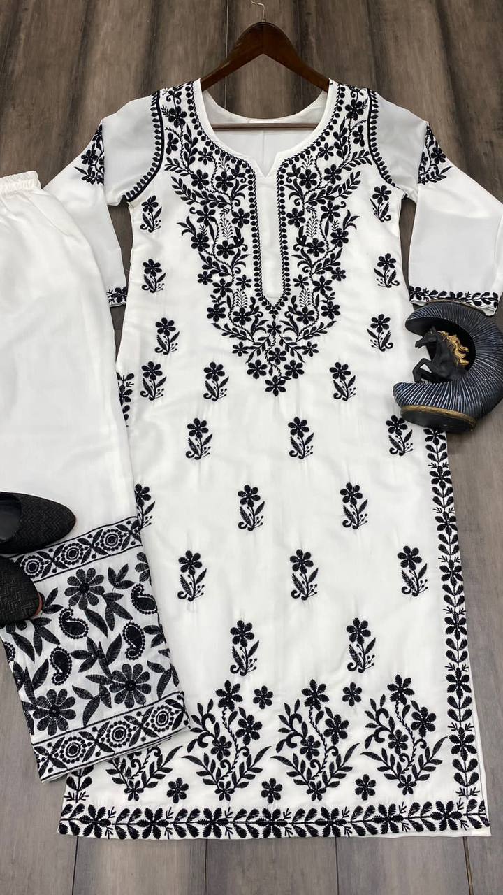 White Designer Trending Chikankuri Kurti With pant