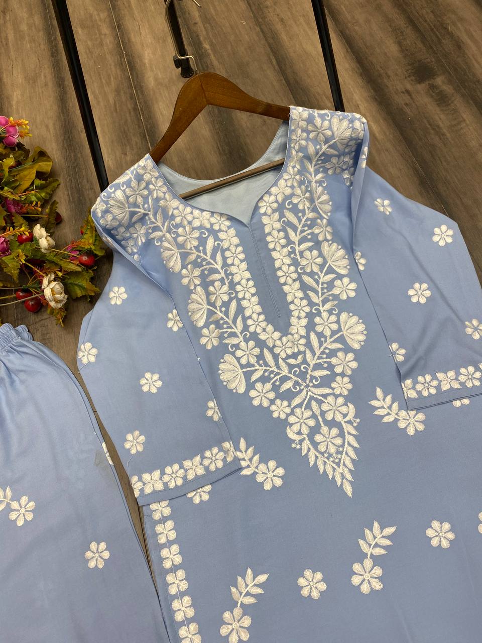 Blue Chikankari Kurta With Sharara Set