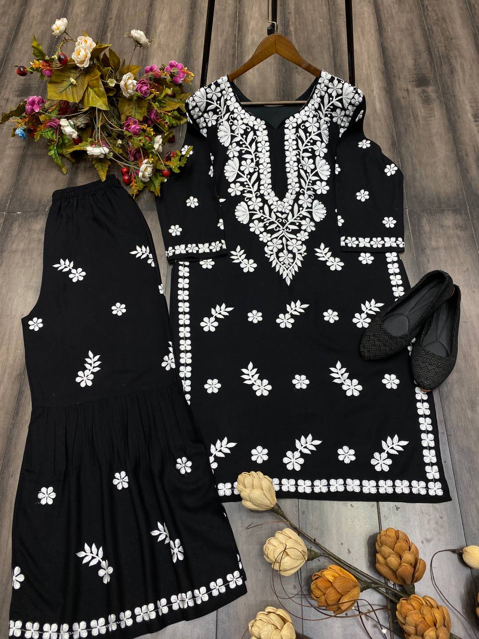 Black Chikankari Kurta With Sharara Set