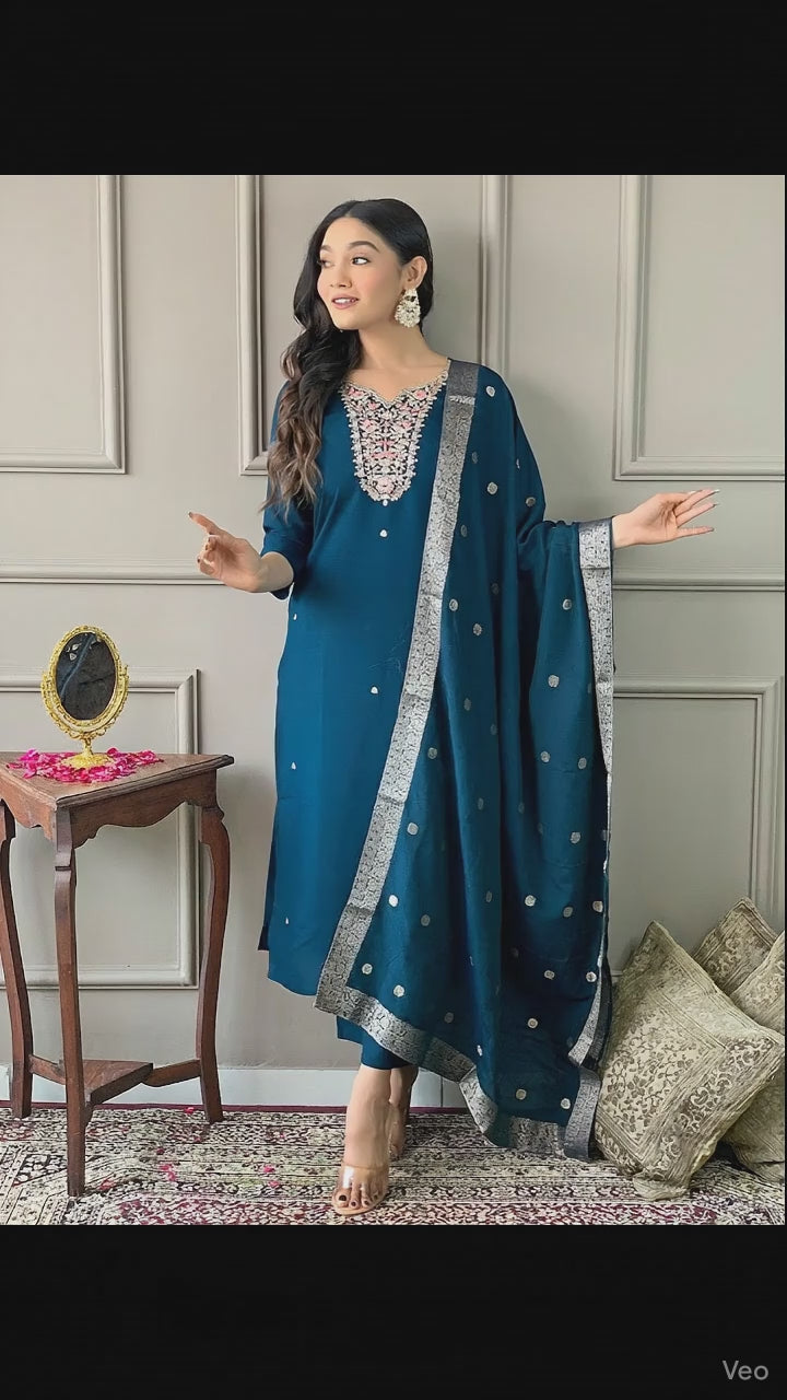 Premium Teal Blue Designer Kurta Set with Soft Muslin Dupatta