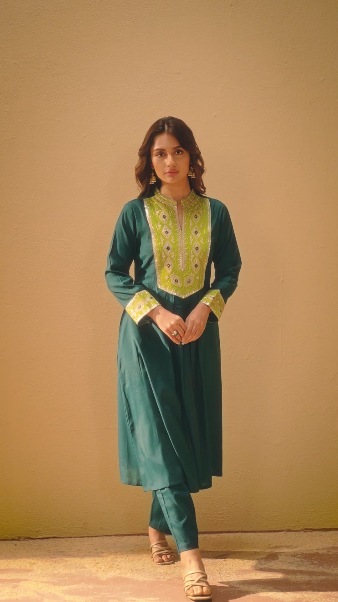 Teal Blue Silk Pleated Kurta Set with Lime Green Gota Patti Work