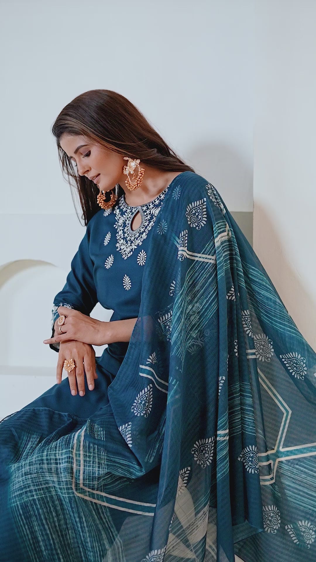 Elegant Deep Blue Embroidered Kurta Set with Printed Dupatta