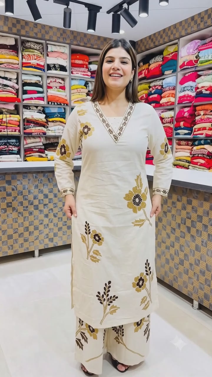 Elegant Off-white Pure Rayon cotton Floral Kurta Set with Matching Palazzo | V-Neck Ethnic Wear for Women