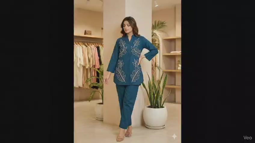 Women’s Stylish Teal Blue Leaf handwork Co-ord Set