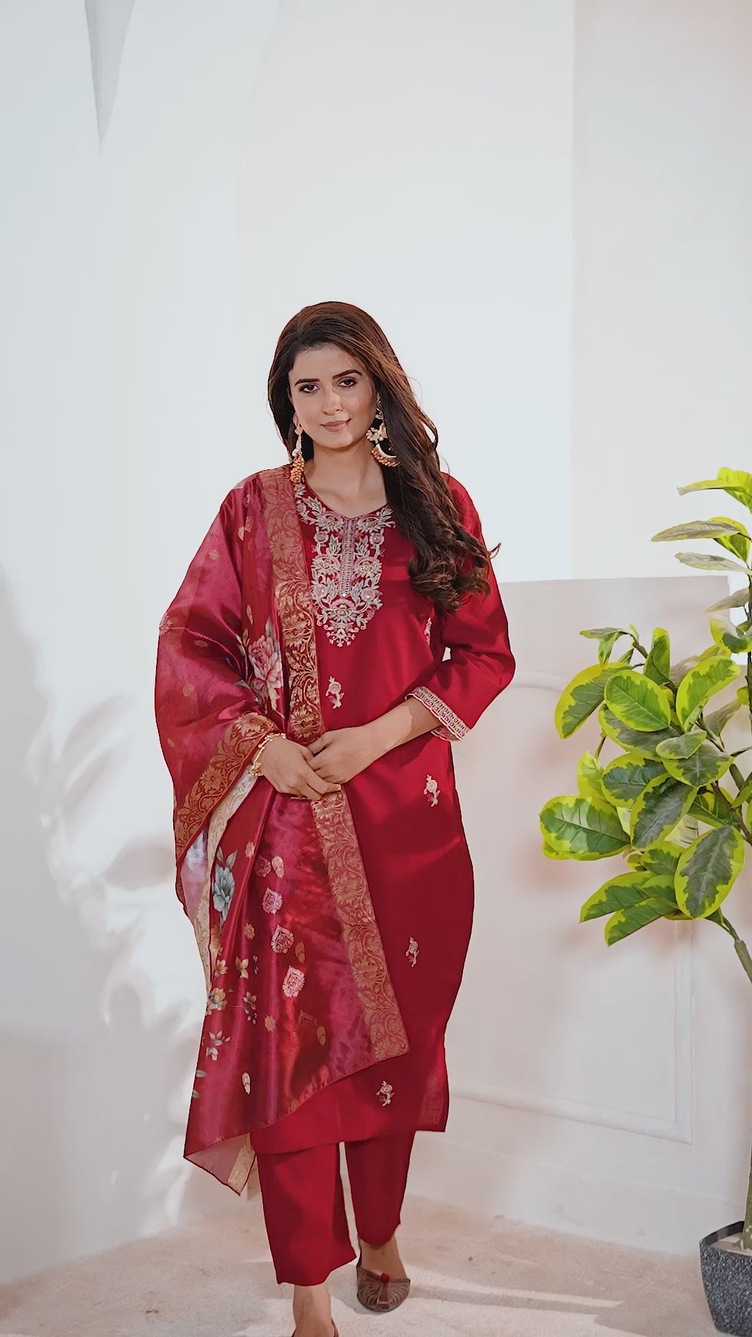 Elegant Maroon Embroidered Kurta Set with Digital Floral Print Dupatta | 3-Piece Ethnic Suit for Women