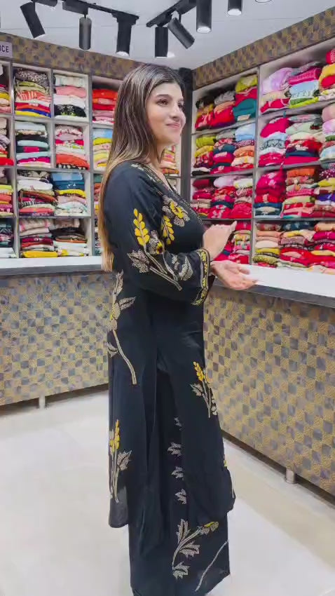 Elegant Black Pure Rayon Floral Kurta Set with Matching Palazzo | V-Neck Ethnic Wear for Women