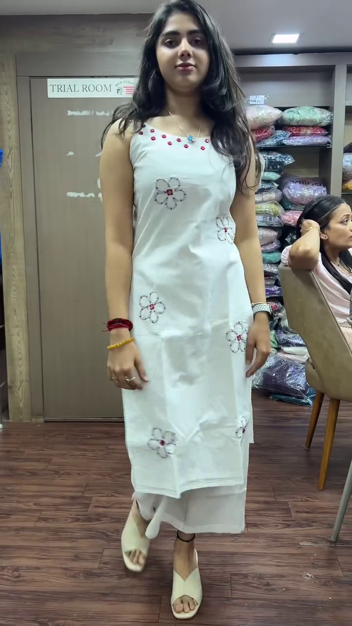 Off White Mirror Work Cotton Kurta With Pants