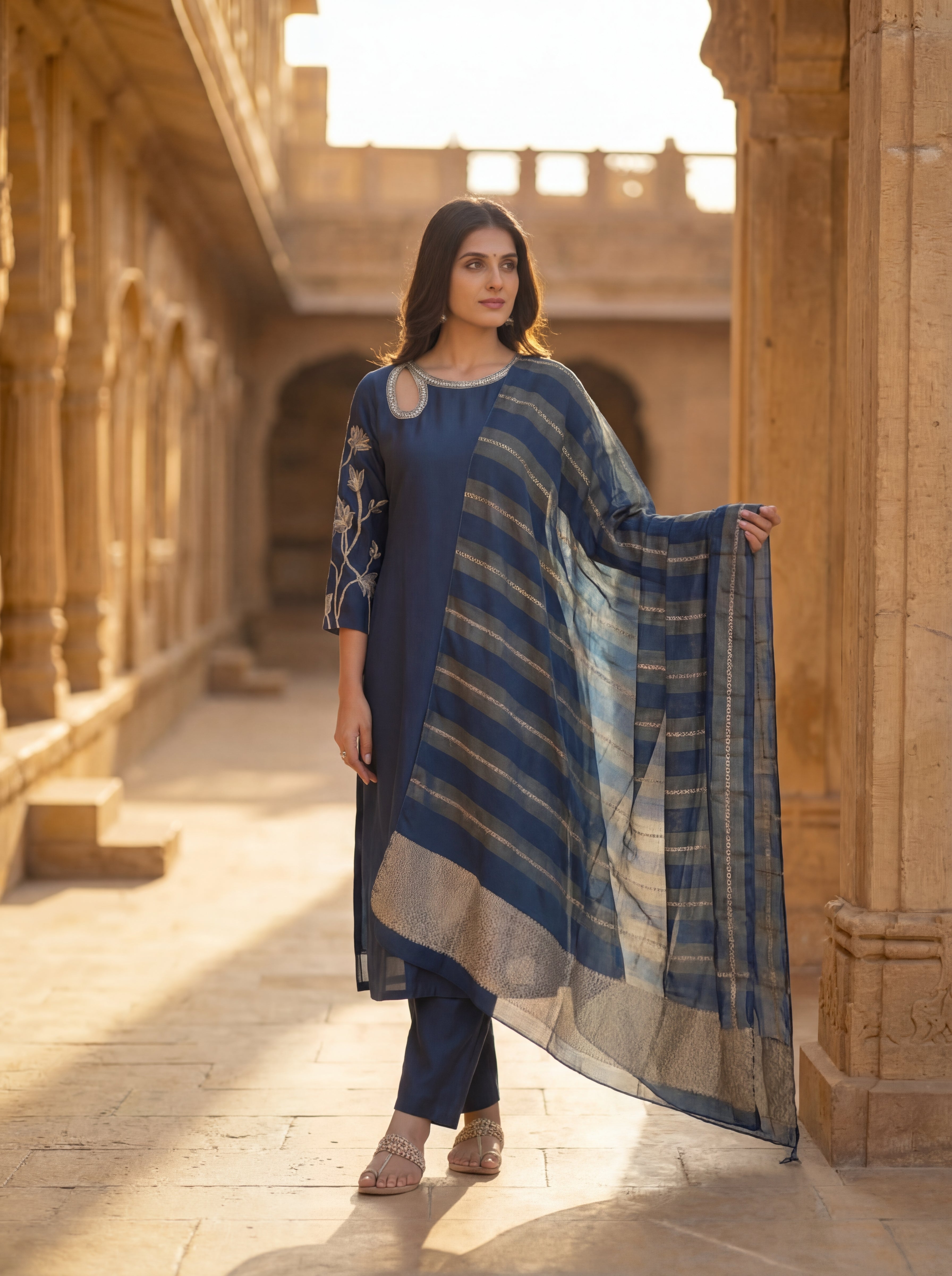 Women's Plum Silk-Blend Festive Suit with Intricate Yoke Embroidery and Metallic Striped Dupatta