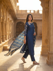 Women's Plum Silk-Blend Festive Suit with Intricate Yoke Embroidery and Metallic Striped Dupatta