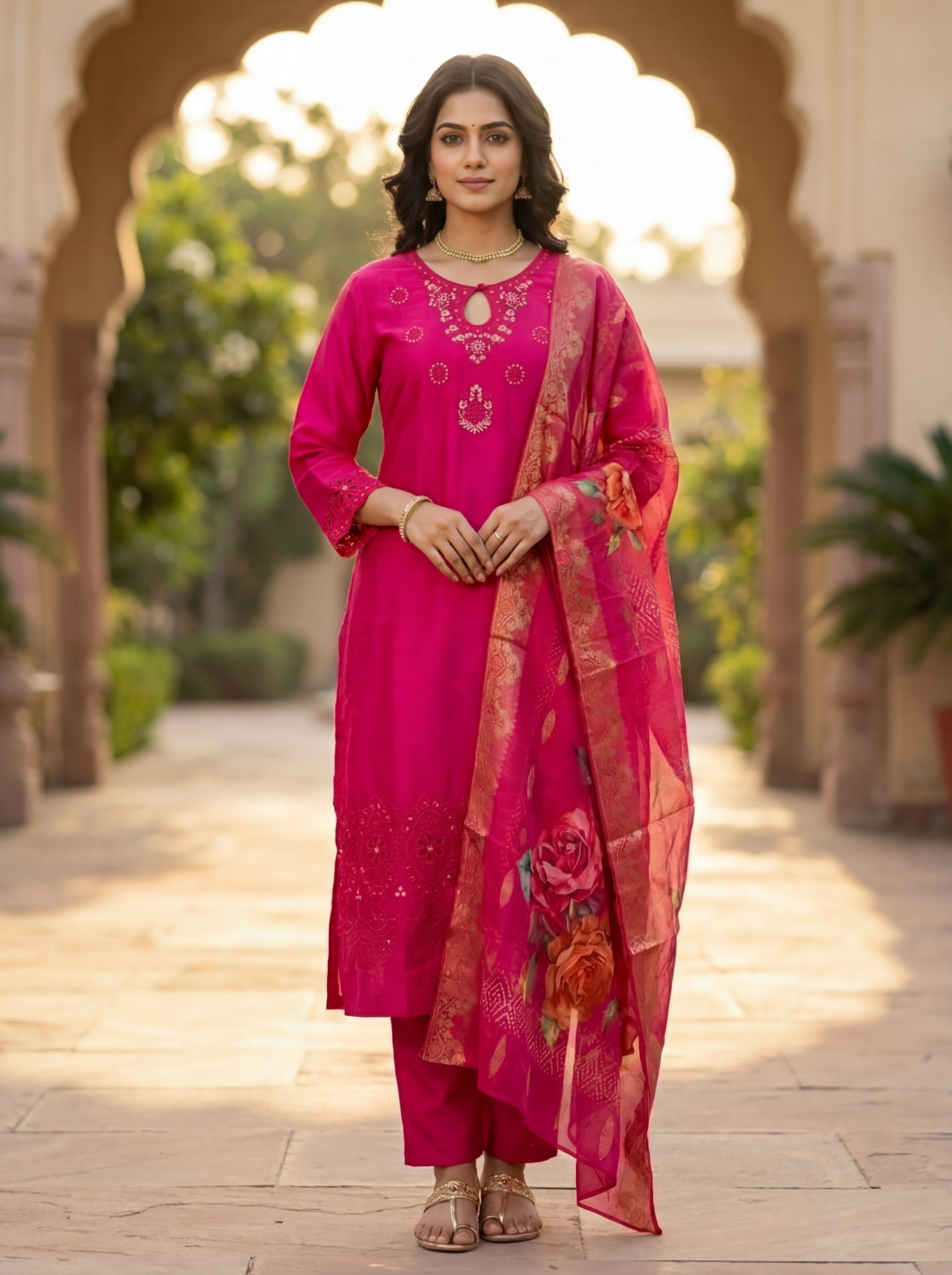 Women's Magenta Silk Blend Kurta Pant Set with Digital Rose Print Dupatta - Wedding & Festive Wear