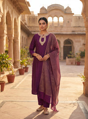 Elegant Purple Silk Blend Kurta Set with Embroidered Keyhole Neck & Zari Striped Dupatta | 3-Piece Festive Suit for Women