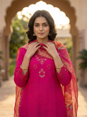 Women's Magenta Silk Blend Kurta Pant Set with Digital Rose Print Dupatta - Wedding & Festive Wear